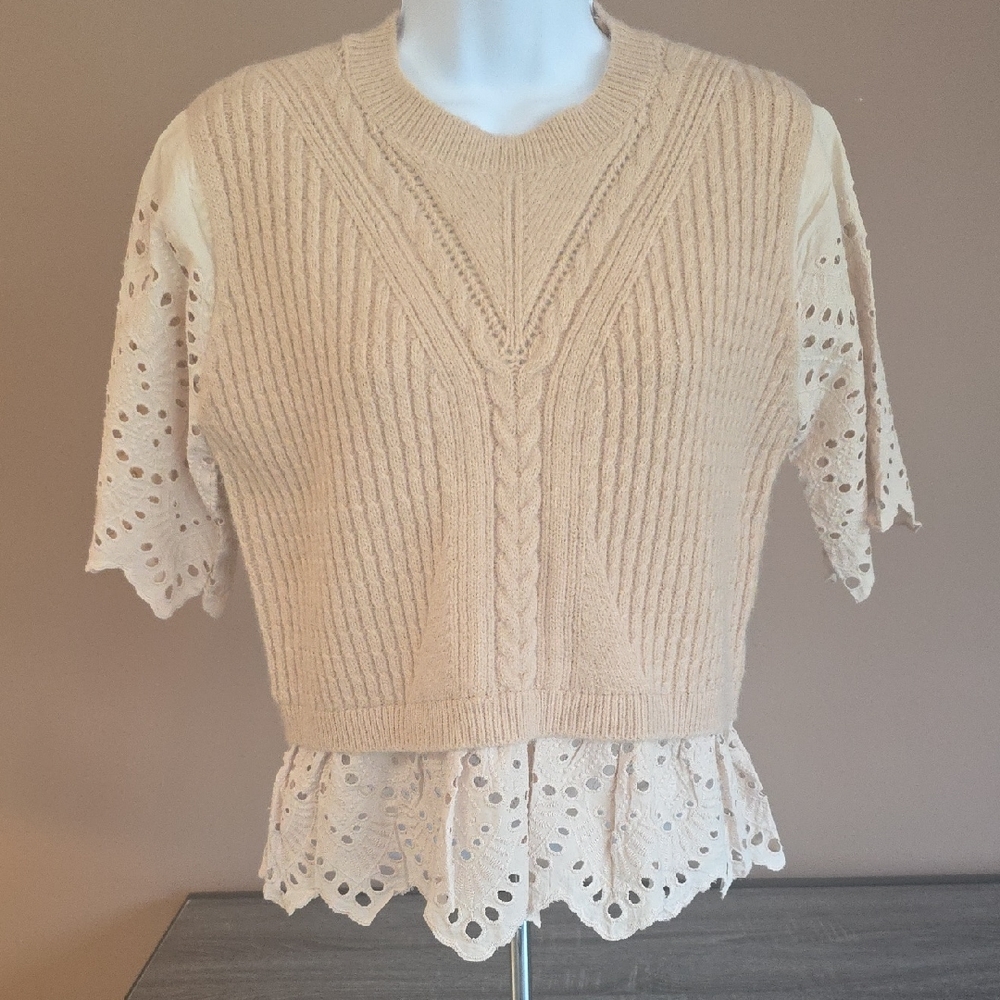 BiBi Beige Knit Sweater with Lace Details